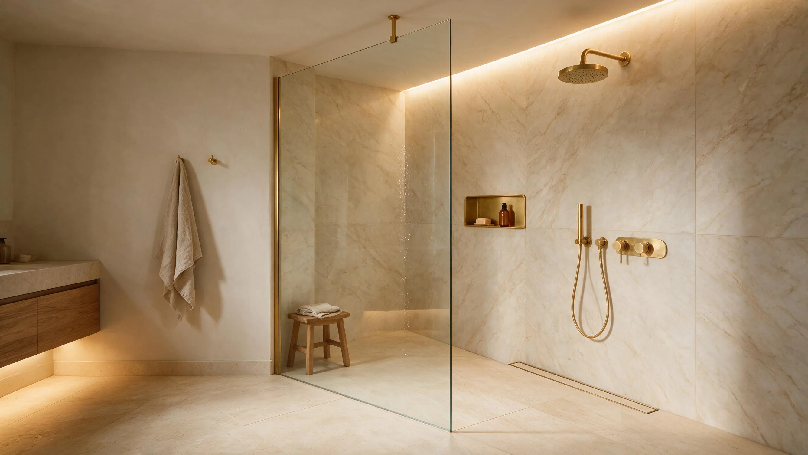 Ducha de obra a ras de suelo revestida en mármol crema, mampara de vidrio fija, grifería de latón y desagüe lineal junto a la pared.