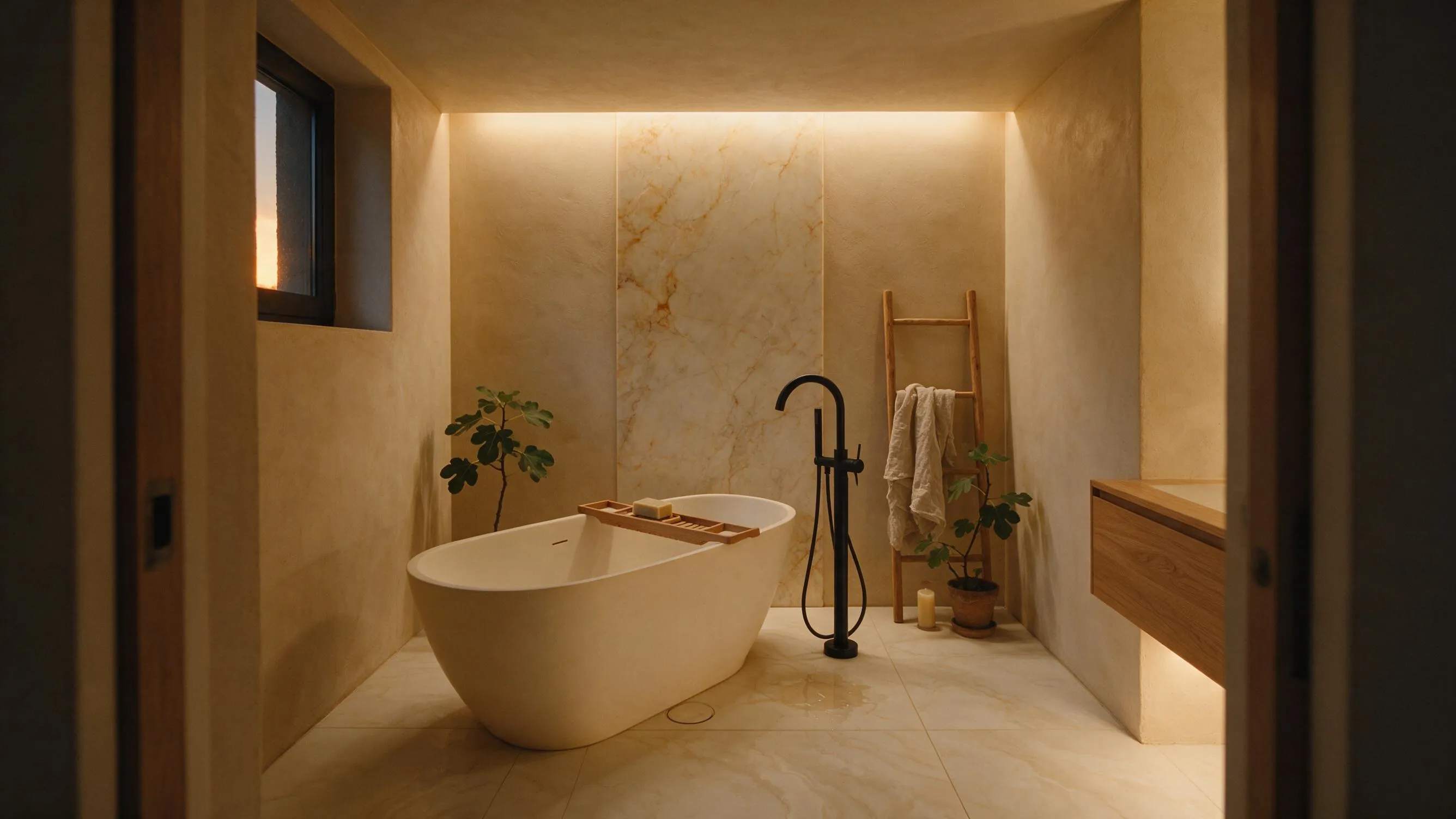 Baño con bañera exenta sobre pavimento porcelánico y un paño vertical de mármol veteado que sube hasta el techo, con luz cálida rasante.