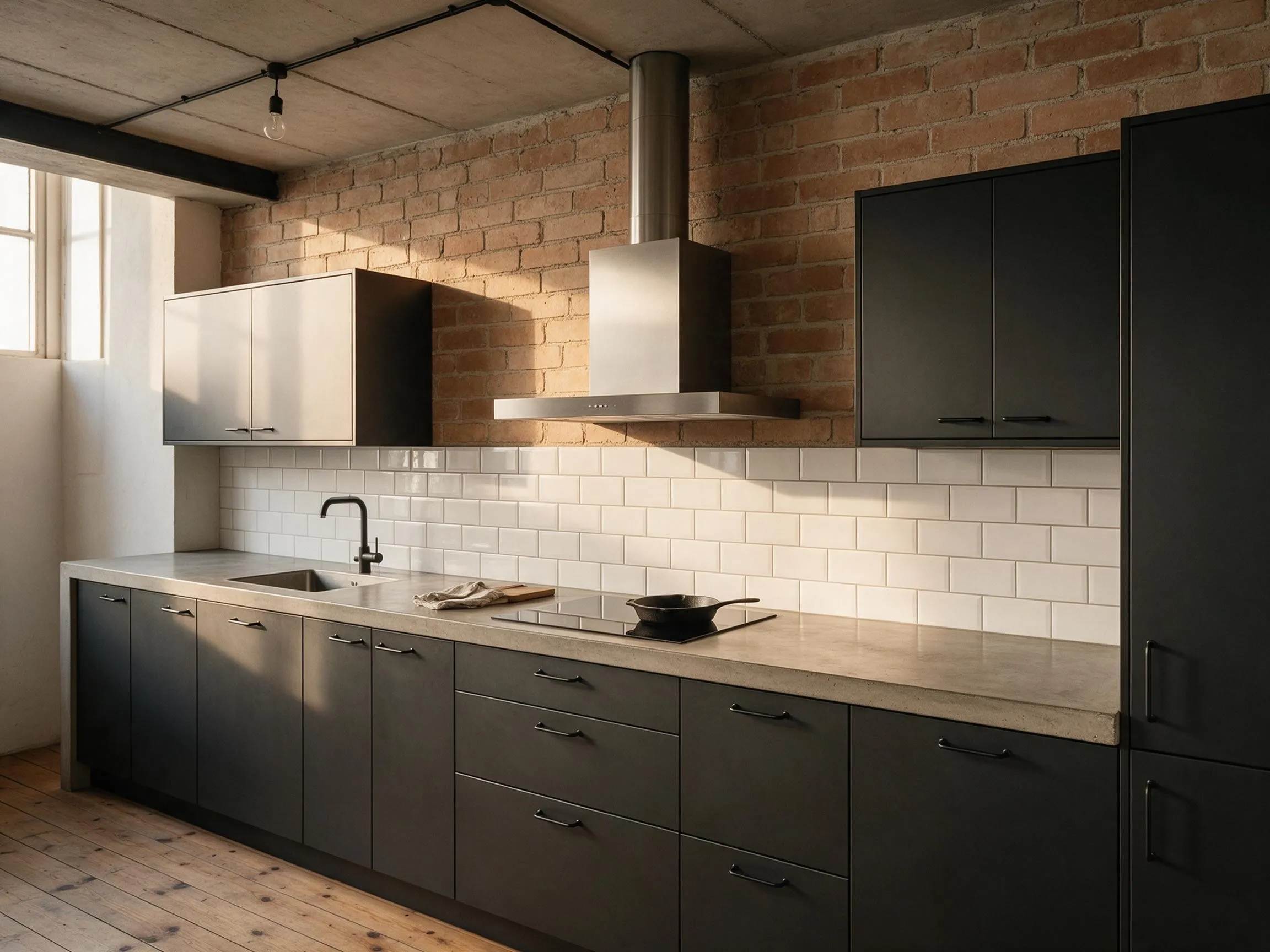 Cocina de estilo industrial en un loft, con alicatado metro, campana de acero y toques de ladrillo visto.