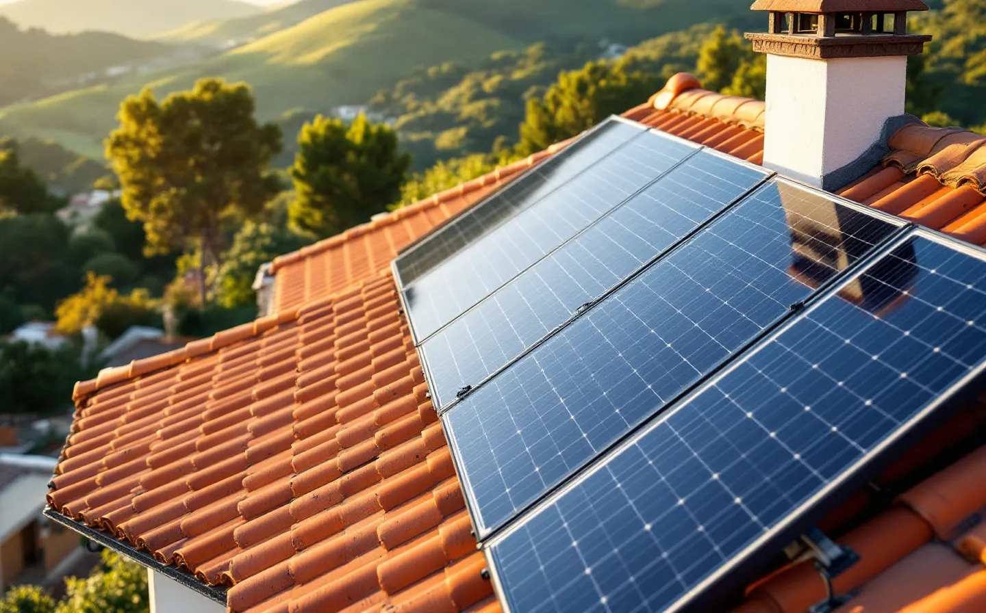 Placas solares recién instaladas sobre un tejado de teja árabe, con luz clara de mañana.