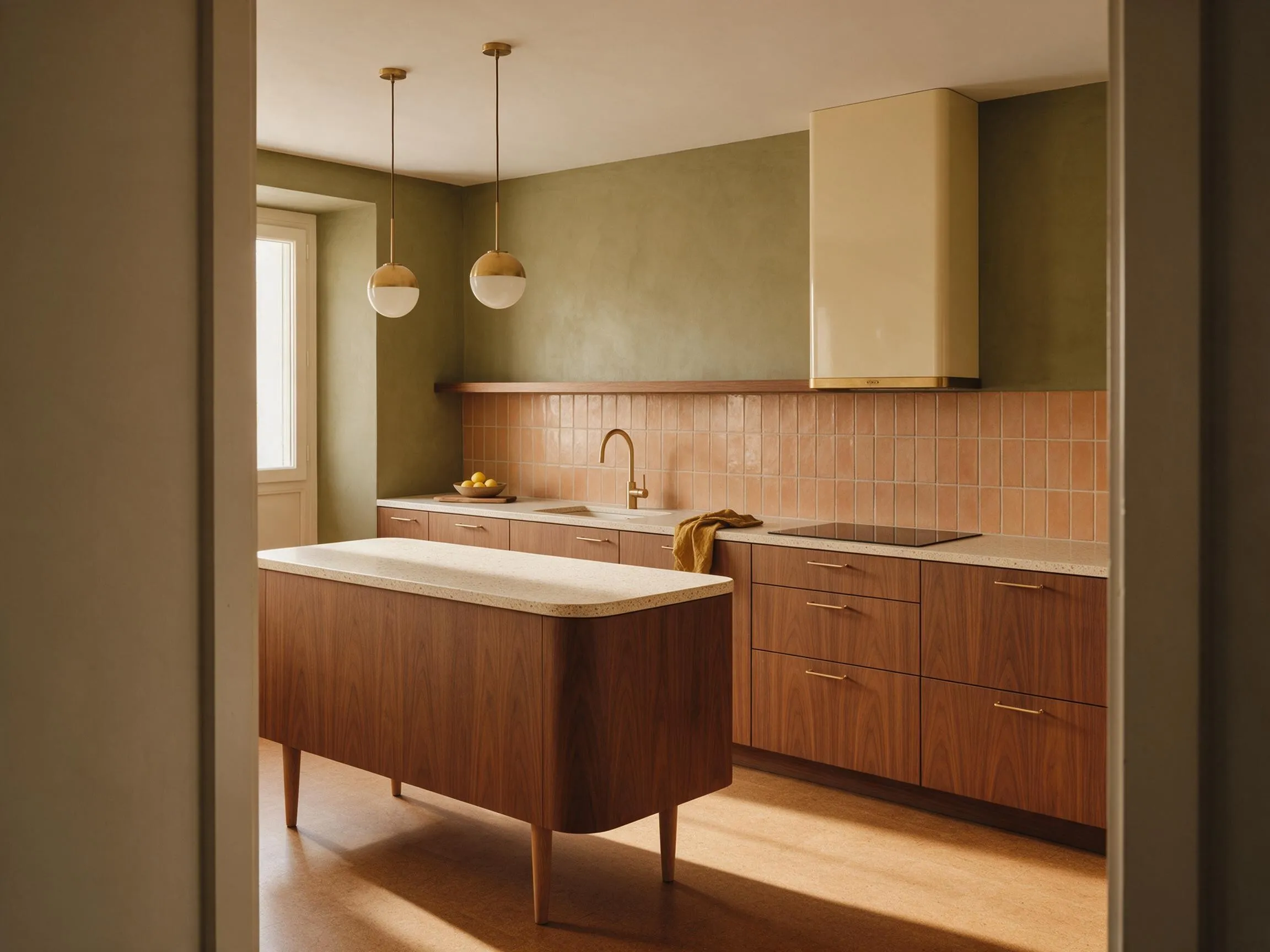 Interior mid-century con maderas cálidas, iluminación de diseño y una paleta terrosa.