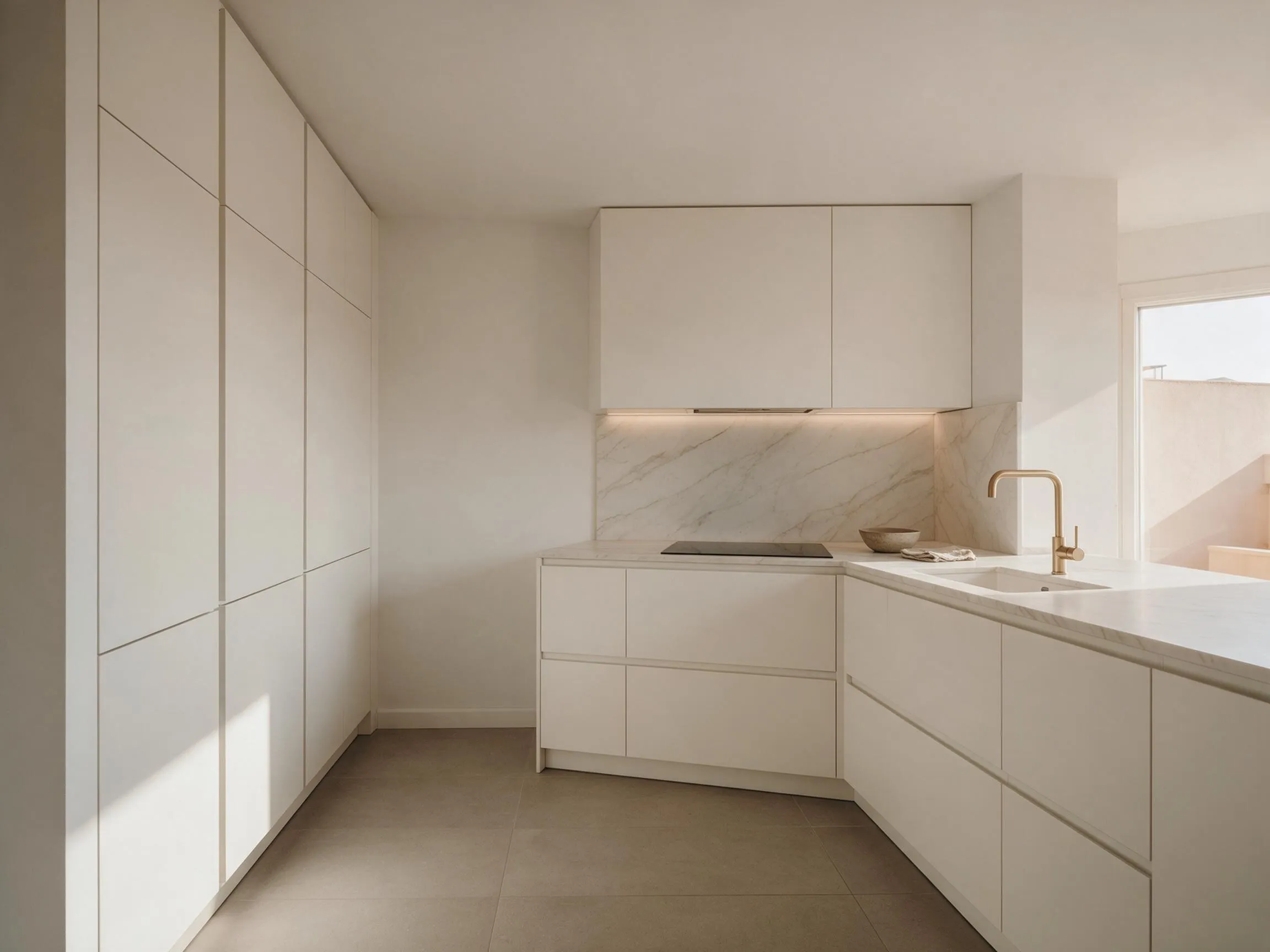Interior minimalista con superficies de mármol blanco, líneas rectas y ausencia de tiradores.