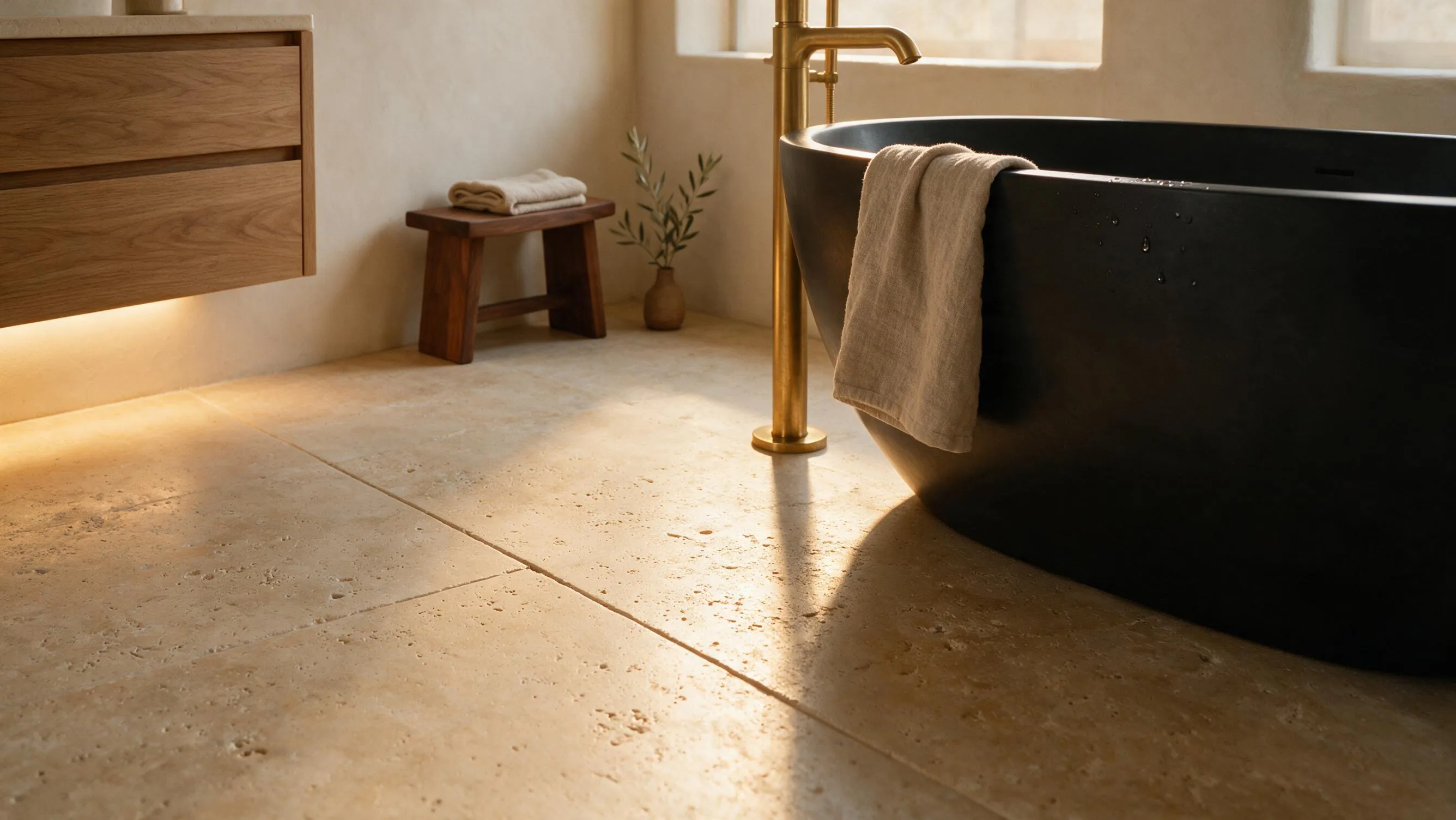 Bañera exenta negra mate con toalla de lino, grifería de latón de pie y suelo de travertino cálido bajo la luz rasante de la tarde.