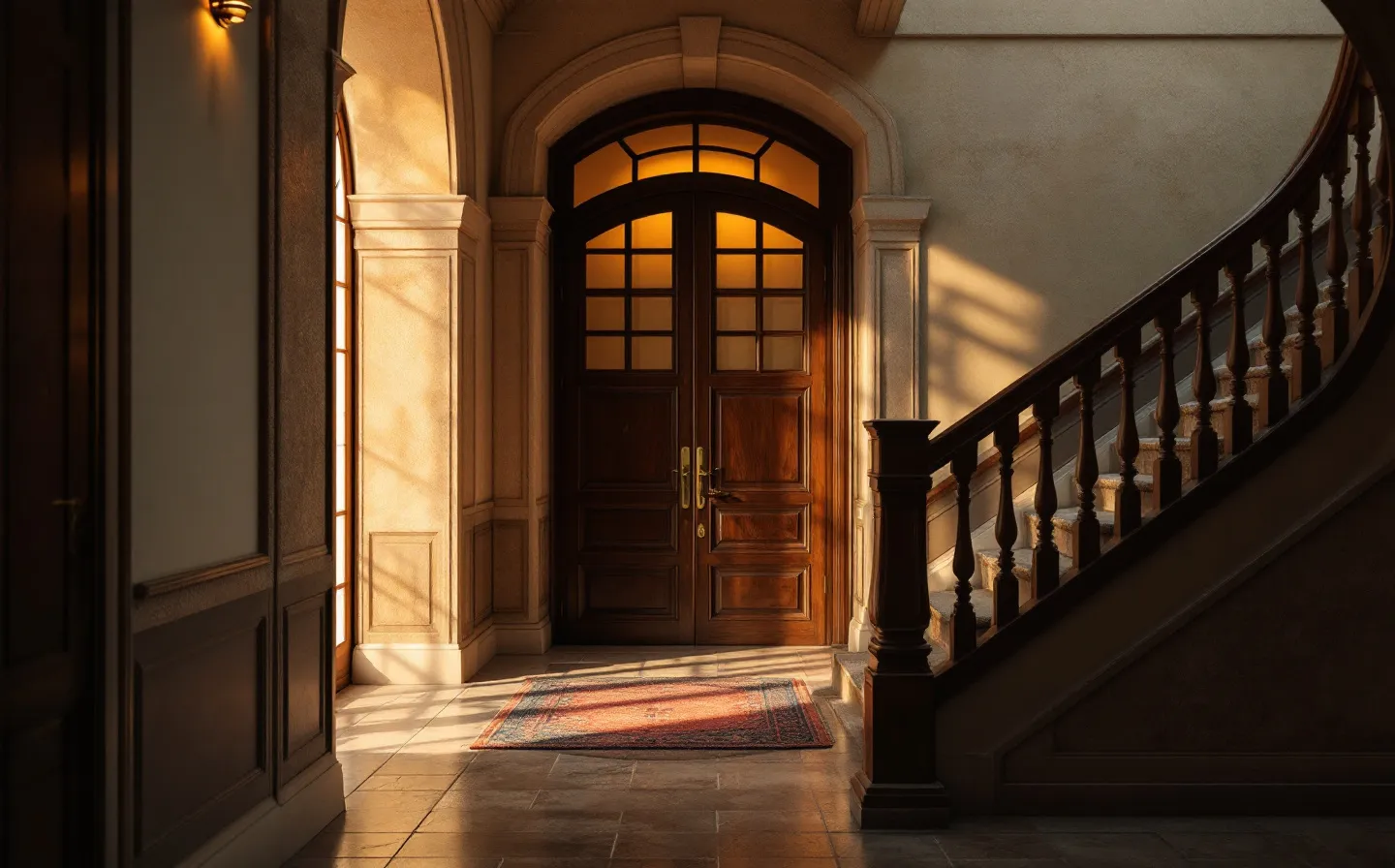Portal rehabilitado de un edificio antiguo, con arco de piedra y escalera de madera restaurada.