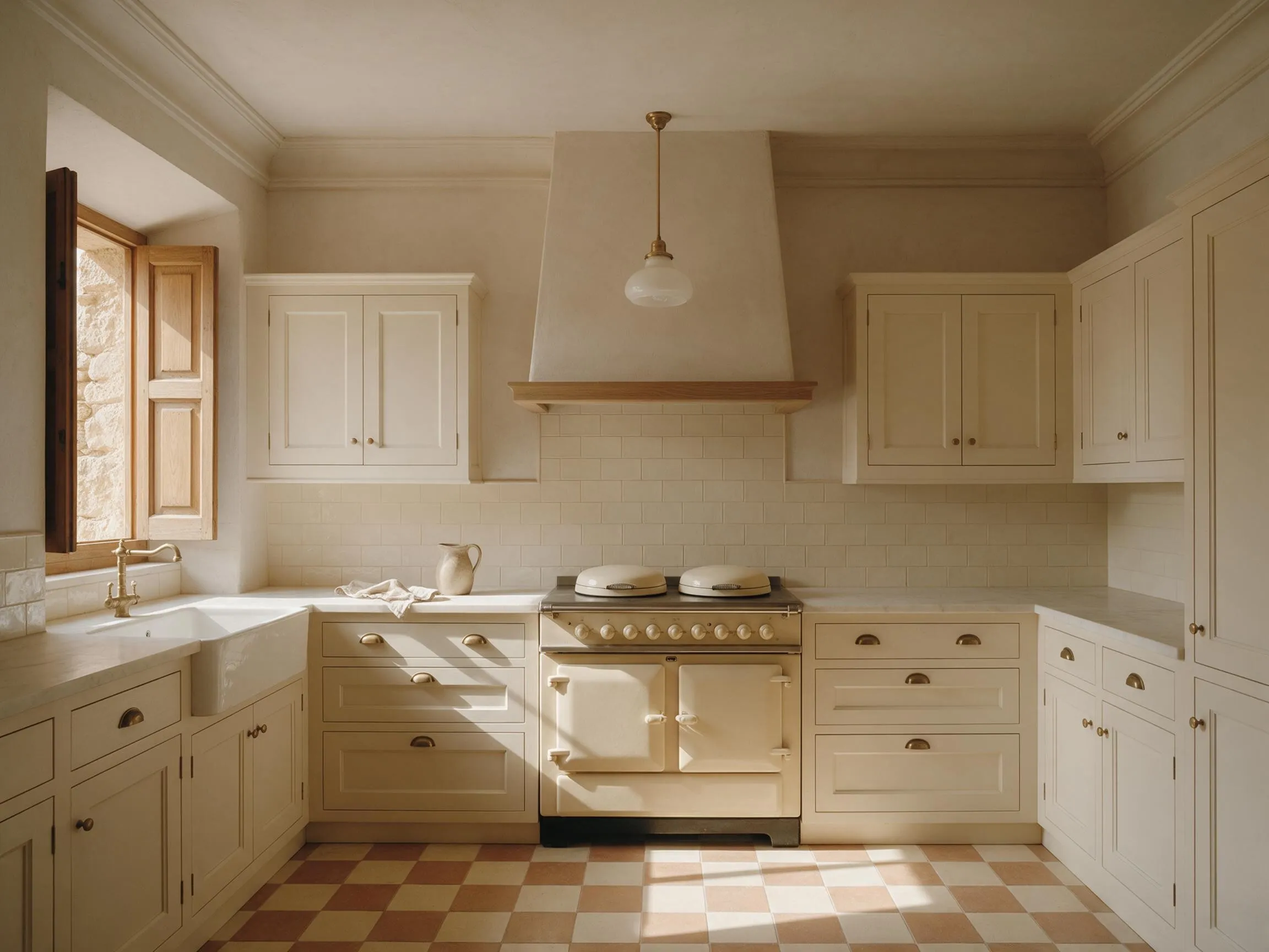 Cocina clásica de aire vintage con molduras, lámparas de época y mobiliario blanco.