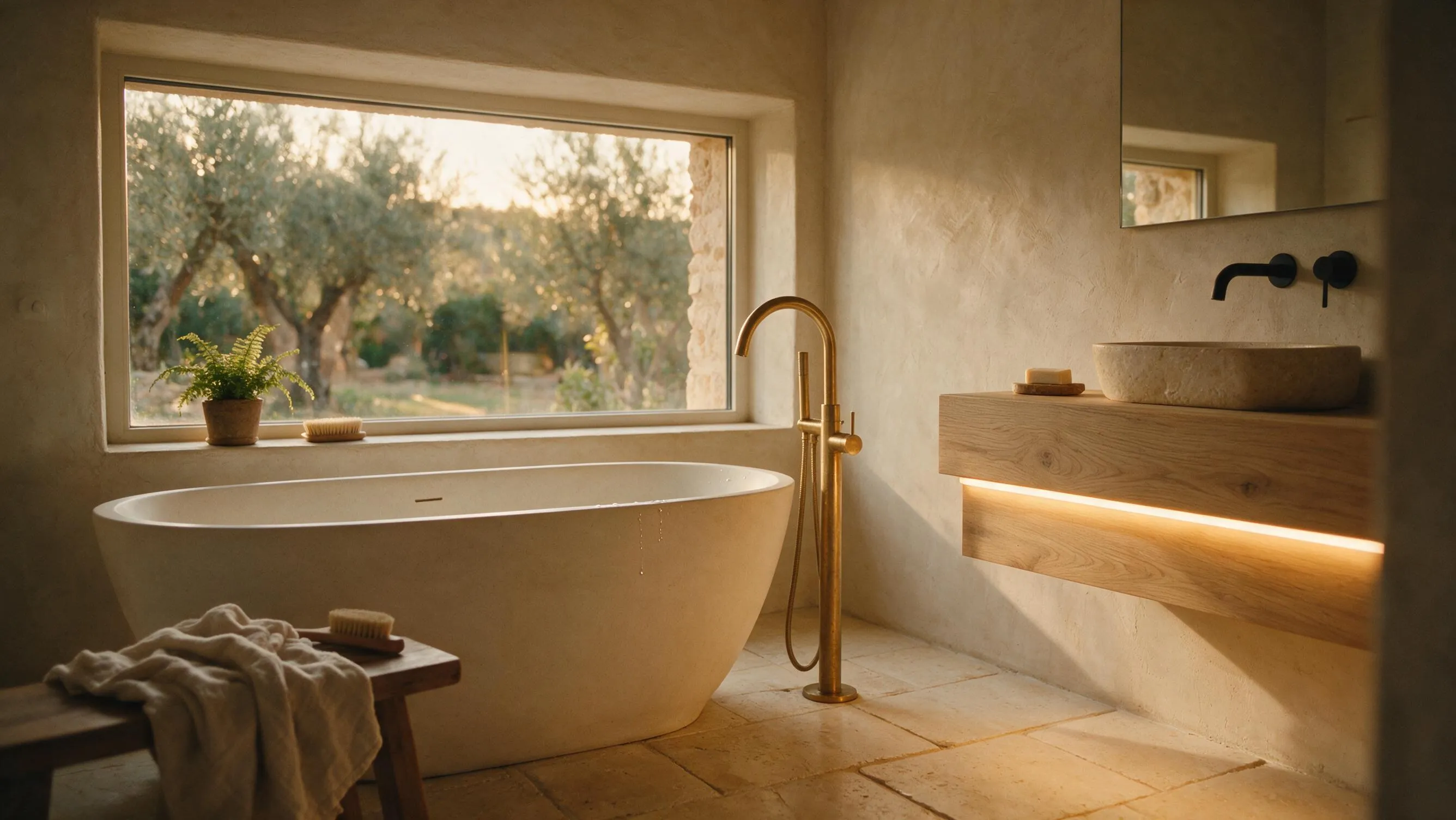 Baño luminoso con bañera exenta junto a la ventana, toallas y plantas: la calma de un spa en casa.