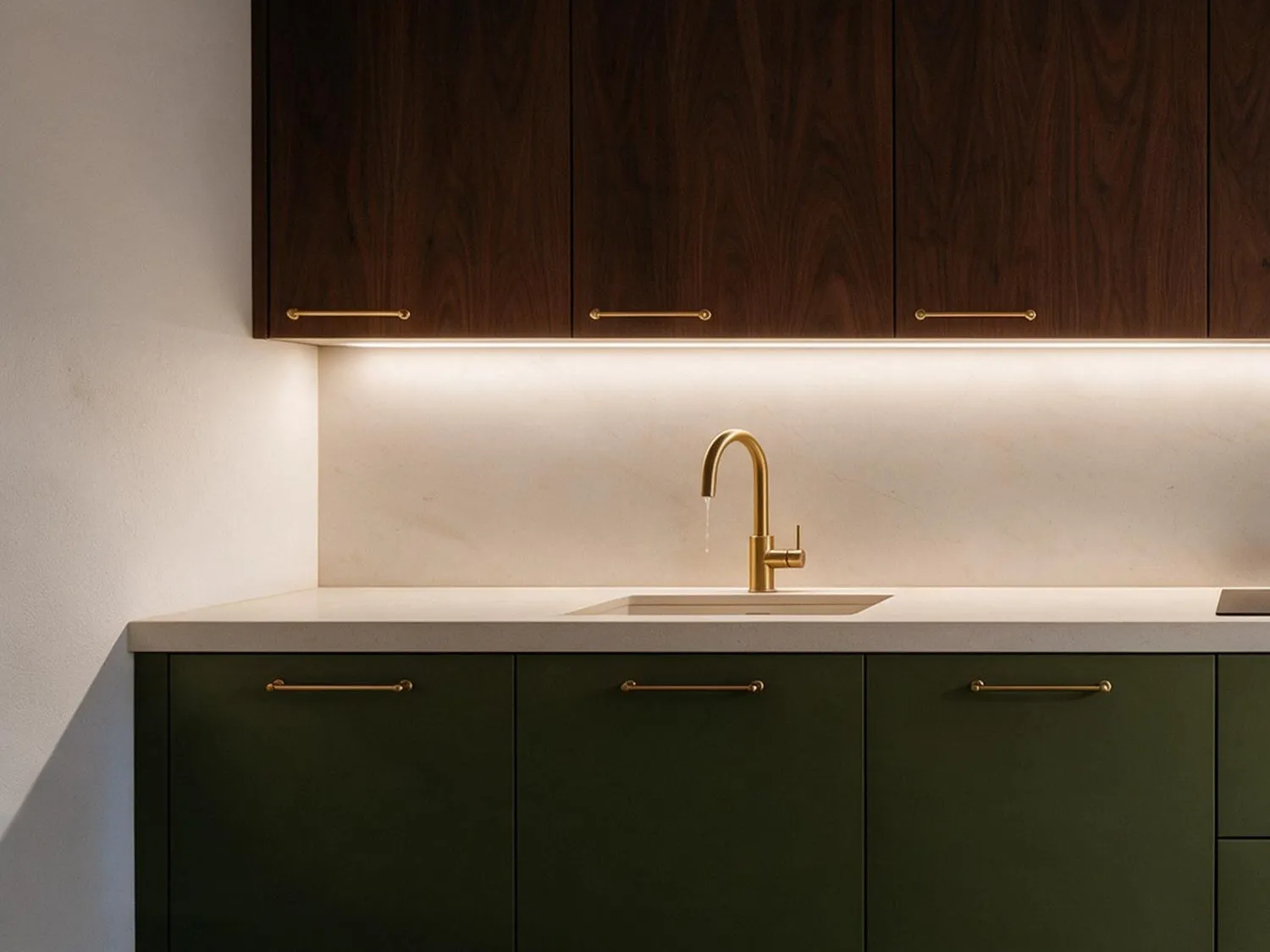 Cocina al atardecer: fregadero con grifo de latón, encimera de piedra clara y luz cálida bajo los muebles altos de nogal.